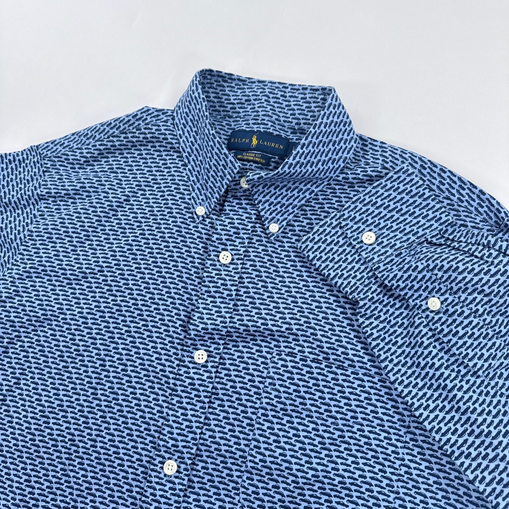 Ralph Lauren Classic Fit Shirt Mens Large Blue Stretch Cotton Novelty Cars Print